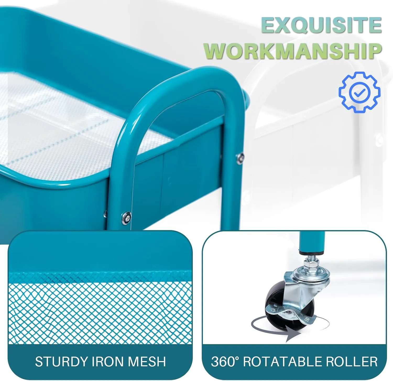 AGTEK Movable Rolling Organizer - 3 Tier Metal Storage Cart, Peacock Blue