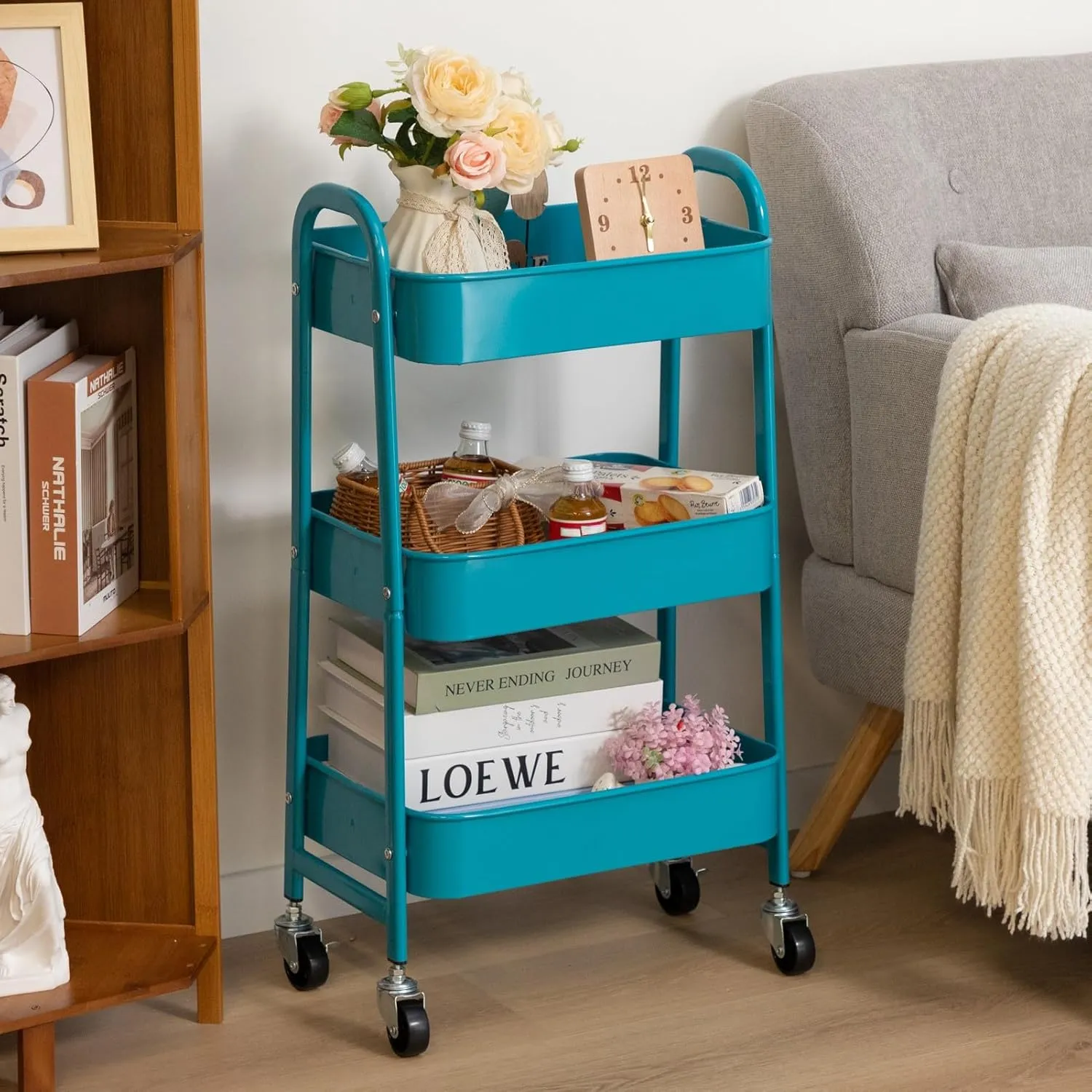 AGTEK Movable Rolling Organizer - 3 Tier Metal Storage Cart, Peacock Blue