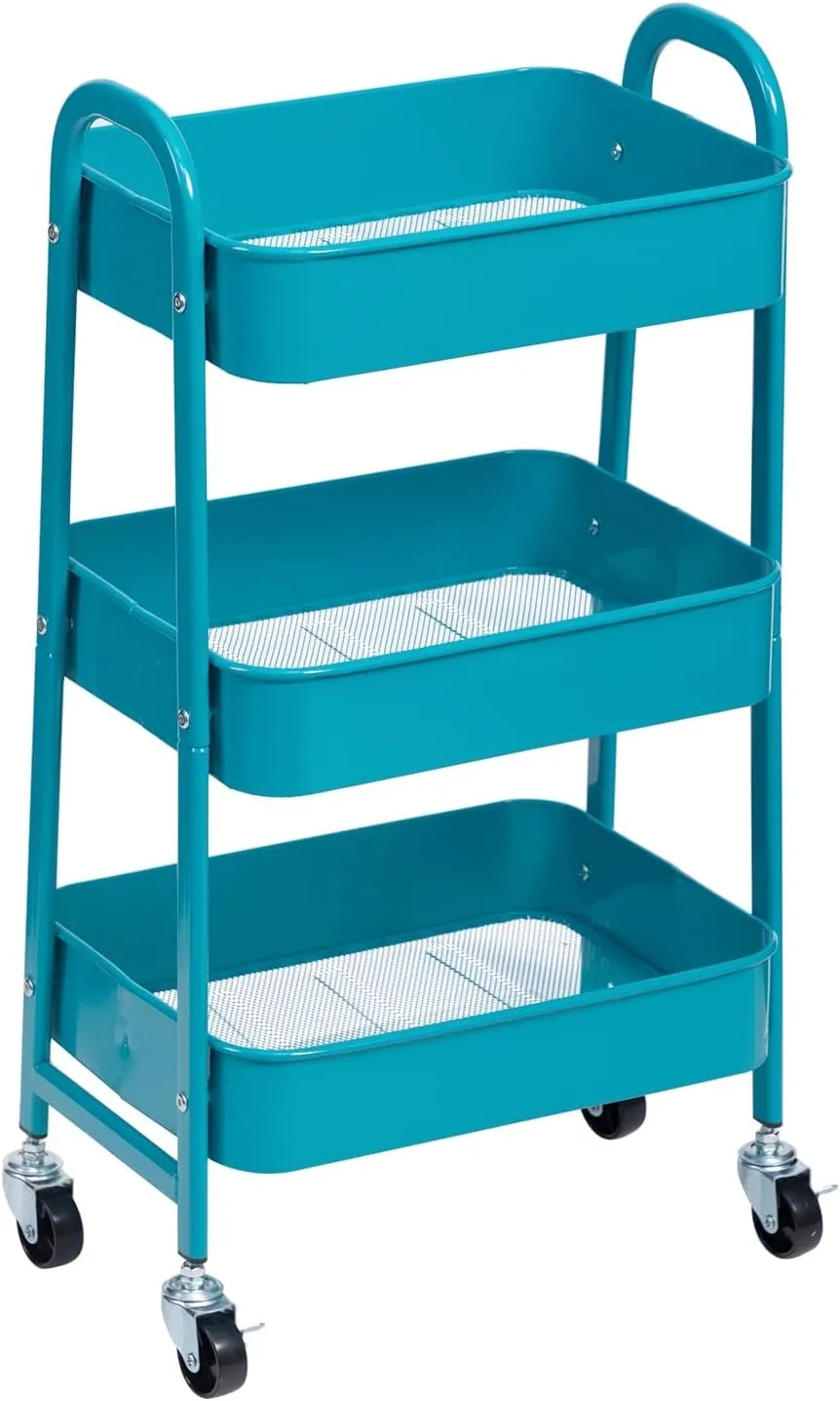 AGTEK Movable Rolling Organizer - 3 Tier Metal Storage Cart, Peacock Blue