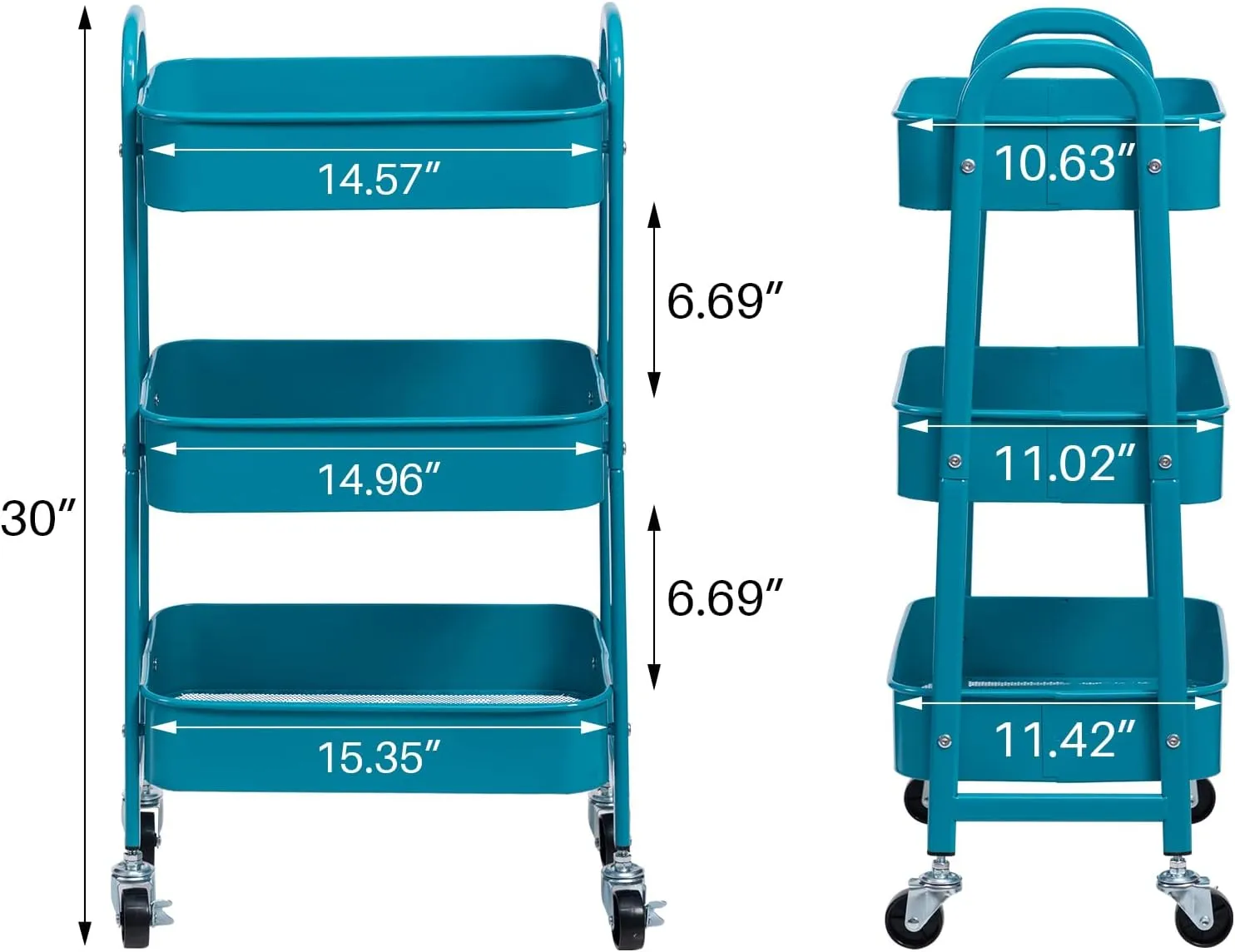 AGTEK Movable Rolling Organizer - 3 Tier Metal Storage Cart, Peacock Blue