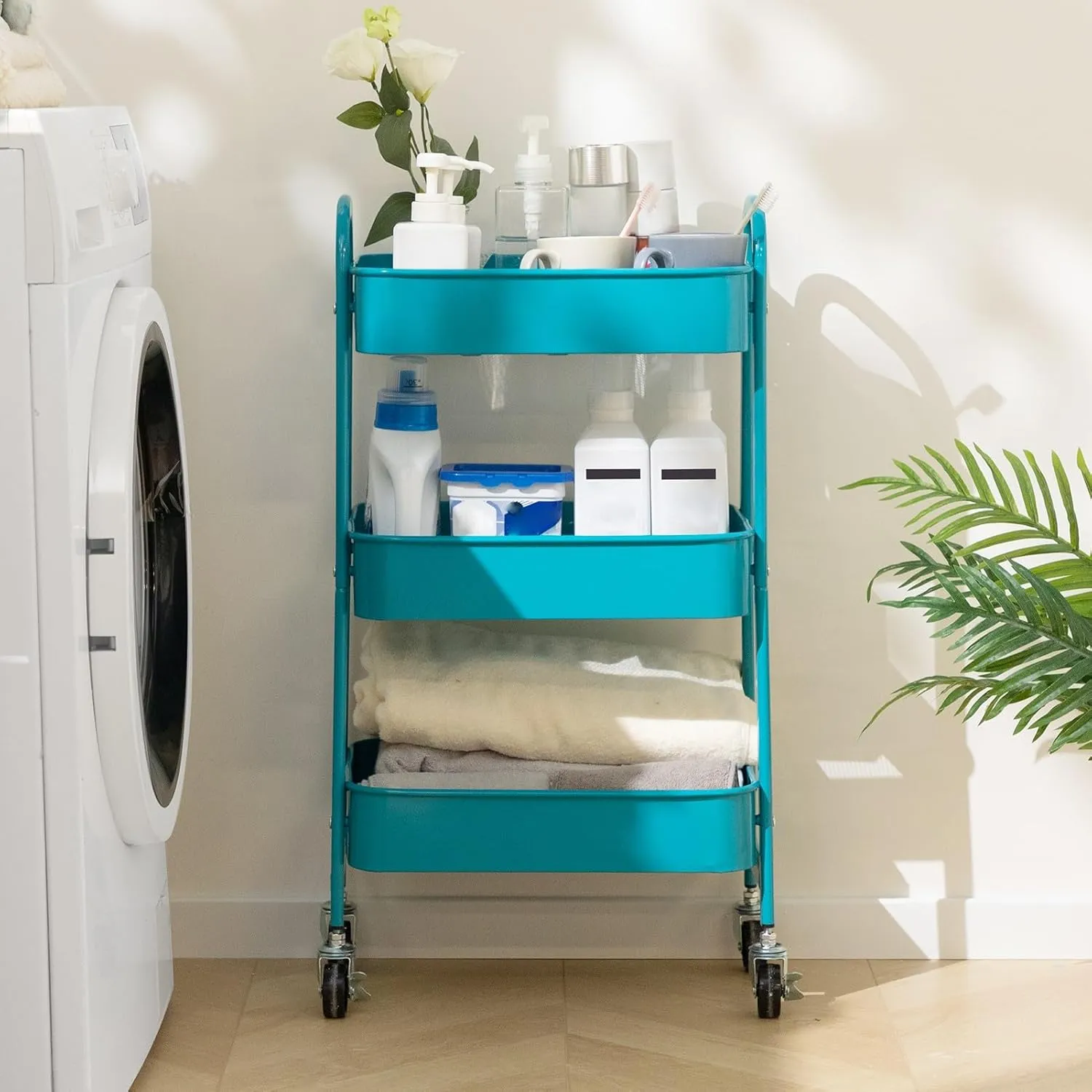 AGTEK Movable Rolling Organizer - 3 Tier Metal Storage Cart, Peacock Blue