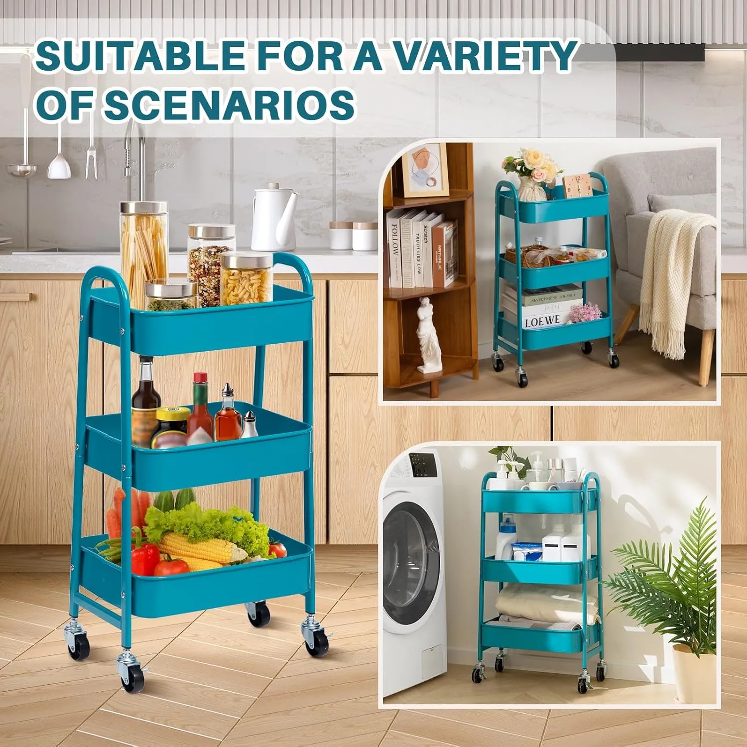 AGTEK Movable Rolling Organizer - 3 Tier Metal Storage Cart, Peacock Blue
