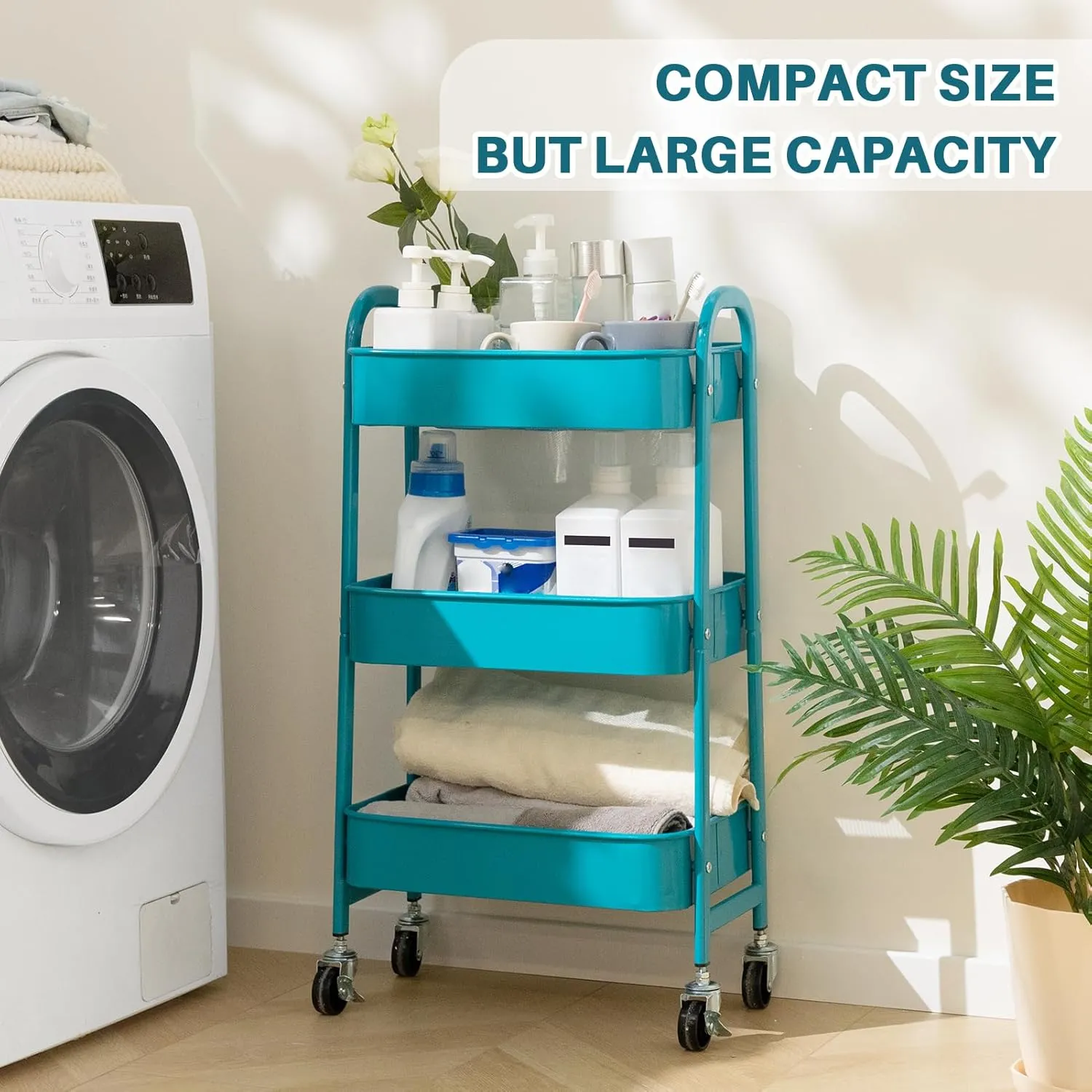 AGTEK Movable Rolling Organizer - 3 Tier Metal Storage Cart, Peacock Blue