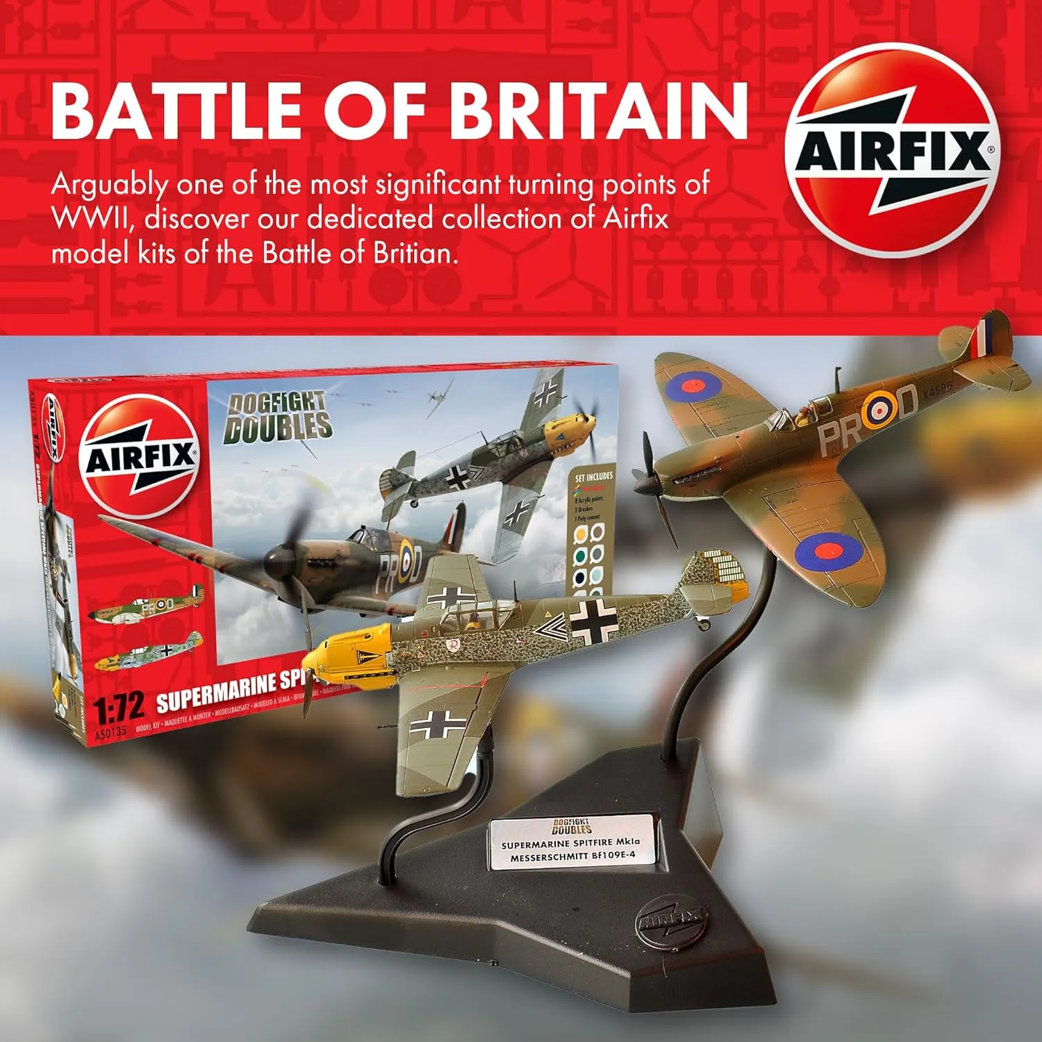 Airfix Model Airplane Kit Gift Set - A50182 Battle of Britain Memorial Flight, Plastic Plane Model Kits for Adults & Kids 8 , Skill Level 2, 1:72 Scale WW2 Military Aircraft Models