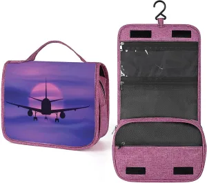 Airplane Pattern,Toiletry Bag for Women,Plane in Dreamy Sunset Sky,Water-resistant Hanging Bathroom Travel Makeup Organizer,Cosmetic Case Traveling for Full Accessories,Blue Black