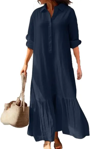 Akivide Women's Cotton Linen Dress Casual Button Down Long Sleeve Flowy Plus Size Lapel Collared Maxi Dresses Shirt Dress
