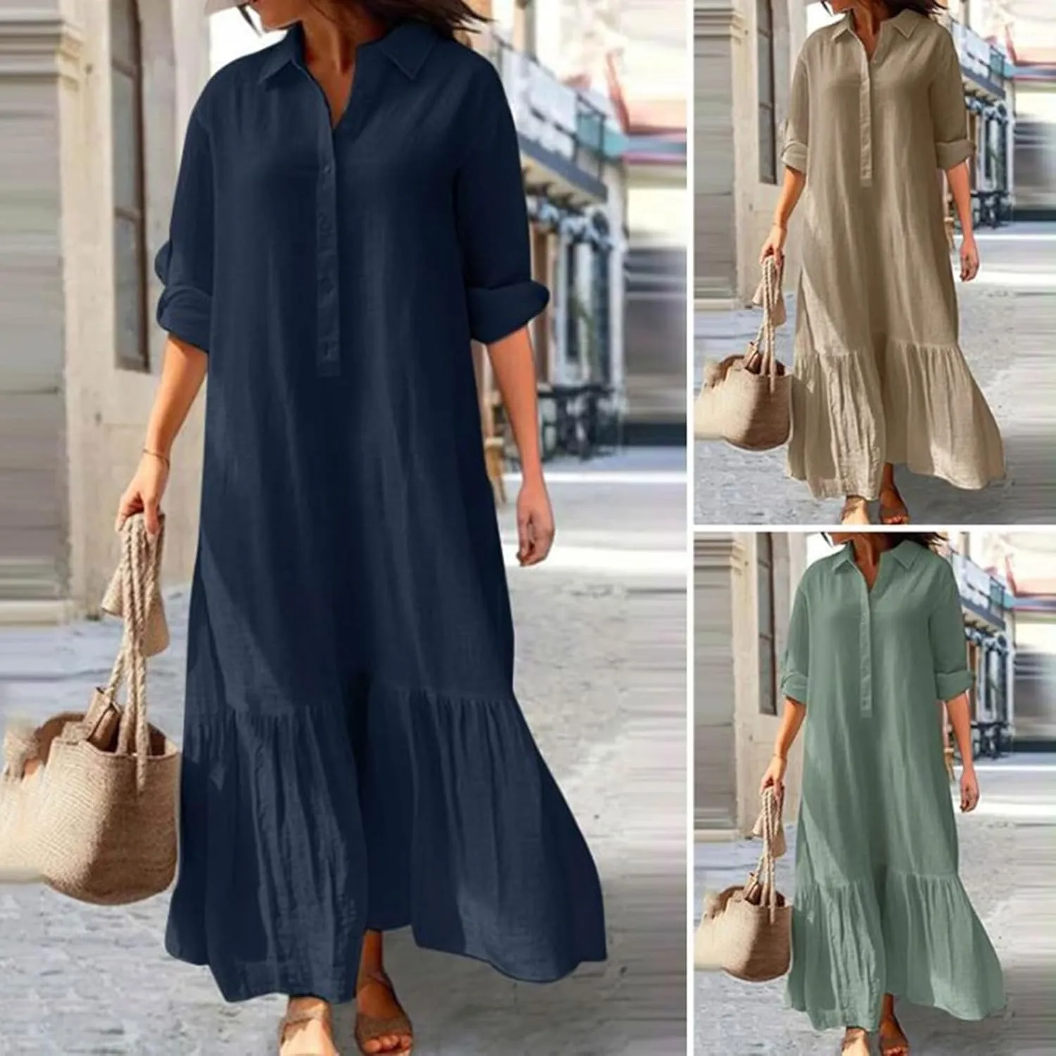 Akivide Women's Cotton Linen Dress Casual Button Down Long Sleeve Flowy Plus Size Lapel Collared Maxi Dresses Shirt Dress