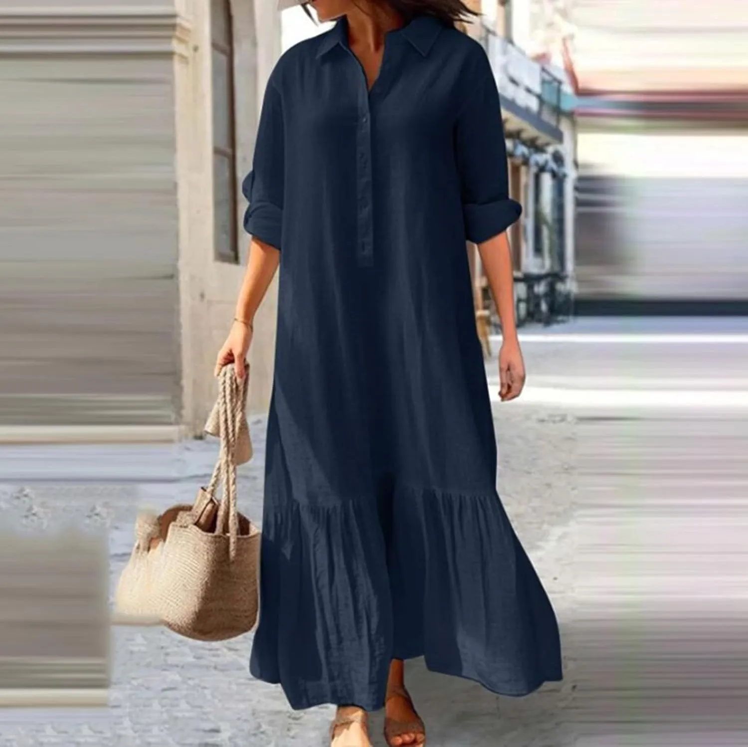 Akivide Women's Cotton Linen Dress Casual Button Down Long Sleeve Flowy Plus Size Lapel Collared Maxi Dresses Shirt Dress
