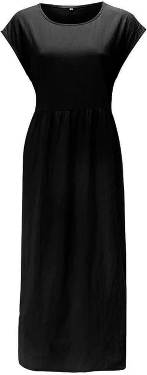 Akivide Women's Flowy Cotton Linen Dress Summer Beach Casual Loose Sleeveless Crewneck Baggy Long Dress with Pockets
