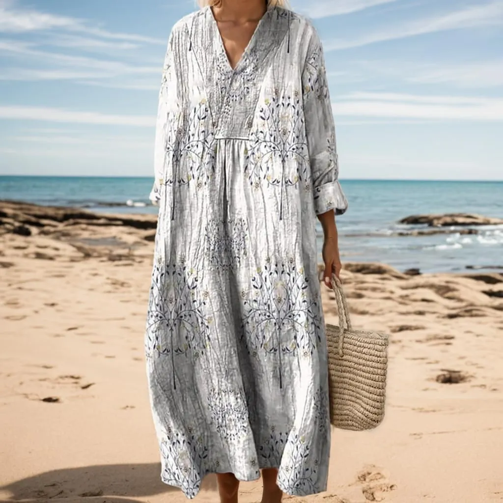 Akivide Women's Oversized Smocked Long Sleeve Boho Dress Spring Summer Casual Floral Print V Neck Maxi Dresses for Women