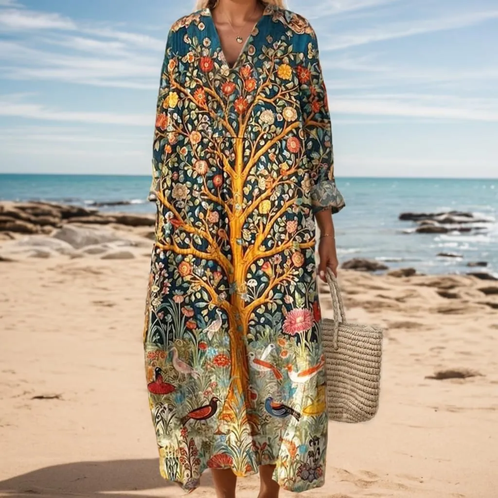 Akivide Women's Oversized Smocked Long Sleeve Boho Dress Spring Summer Casual Floral Print V Neck Maxi Dresses for Women