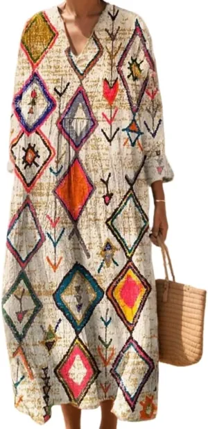 Akivide Women's Oversized Smocked Long Sleeve Boho Dress Spring Summer Casual Floral Print V Neck Maxi Dresses for Women