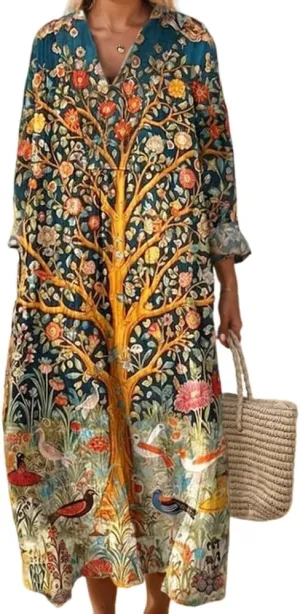 Akivide Women's Oversized Smocked Long Sleeve Boho Dress Spring Summer Casual Floral Print V Neck Maxi Dresses for Women
