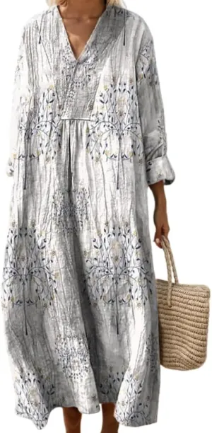 Akivide Women's Oversized Smocked Long Sleeve Boho Dress Spring Summer Casual Floral Print V Neck Maxi Dresses for Women