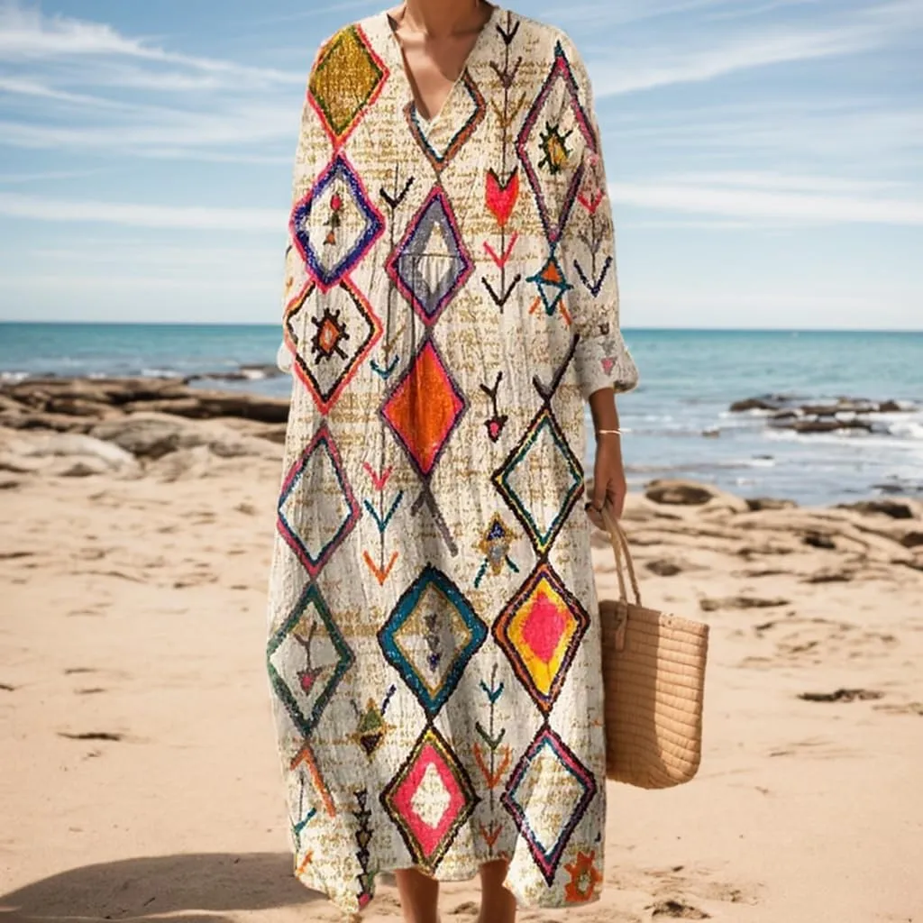 Akivide Women's Oversized Smocked Long Sleeve Boho Dress Spring Summer Casual Floral Print V Neck Maxi Dresses for Women