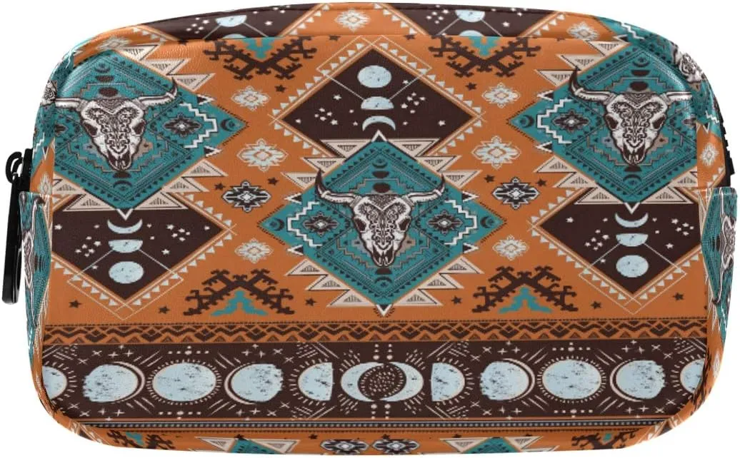 ALAZA Indian Tribal Aztec Ornament Geometric Pattern with Skulls Cosmetic Bag Leather Pencil Case Waterproof Portable Travel Makeup Pouch with Zipper for Women