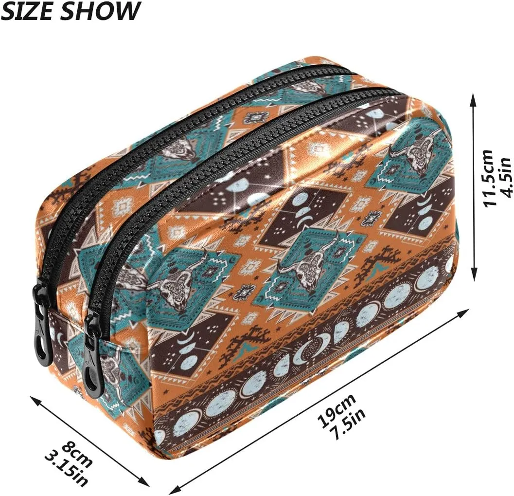 ALAZA Indian Tribal Aztec Ornament Geometric Pattern with Skulls Cosmetic Bag Leather Pencil Case Waterproof Portable Travel Makeup Pouch with Zipper for Women