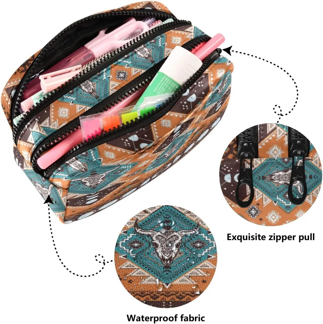ALAZA Indian Tribal Aztec Ornament Geometric Pattern with Skulls Cosmetic Bag Leather Pencil Case Waterproof Portable Travel Makeup Pouch with Zipper for Women