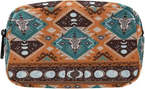ALAZA Indian Tribal Aztec Ornament Geometric Pattern with Skulls Cosmetic Bag Leather Pencil Case Waterproof Portable Travel Makeup Pouch with Zipper for Women