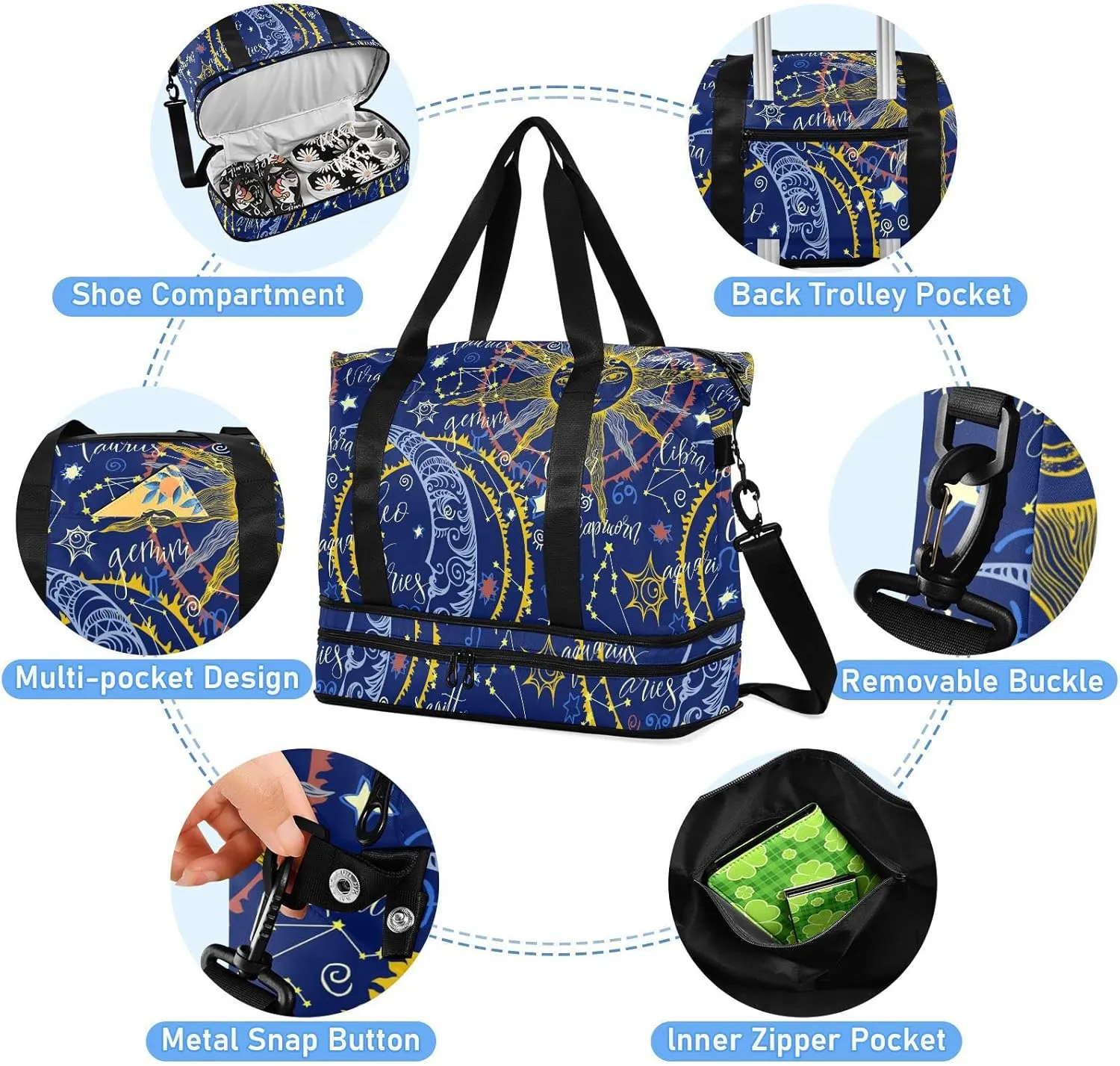 ALAZA Zodiac Moon Sun Gym Bag Sports Duffel Bag with Shoes Compartment, Overnight Weekender Travel Tote Bag for Women Men Trip College