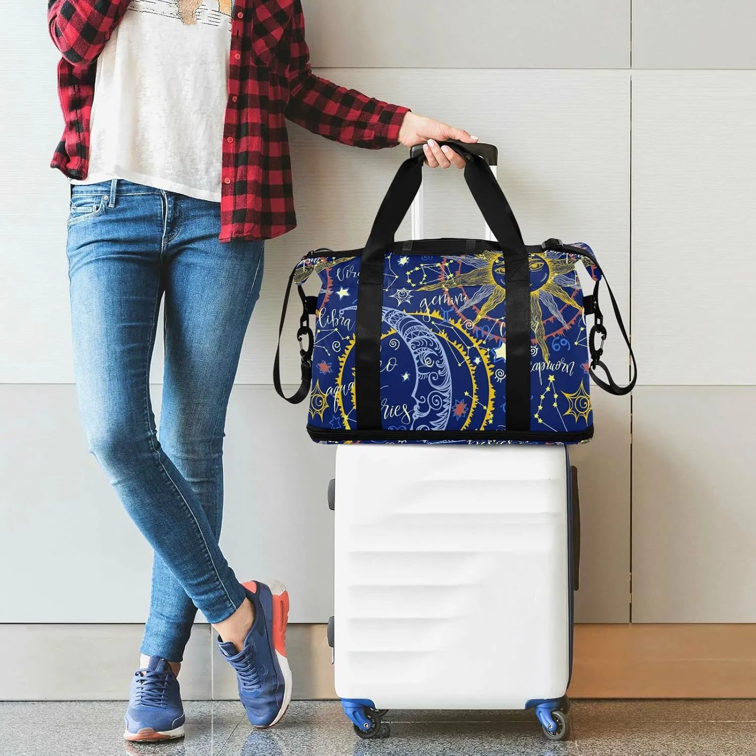 ALAZA Zodiac Moon Sun Gym Bag Sports Duffel Bag with Shoes Compartment, Overnight Weekender Travel Tote Bag for Women Men Trip College