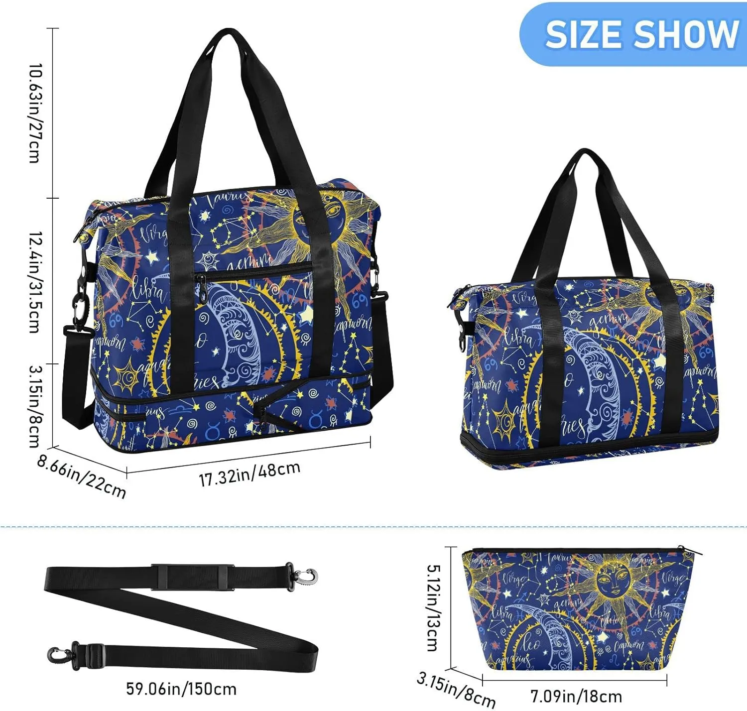 ALAZA Zodiac Moon Sun Gym Bag Sports Duffel Bag with Shoes Compartment, Overnight Weekender Travel Tote Bag for Women Men Trip College