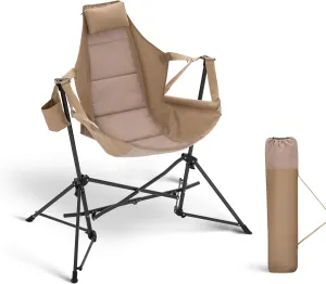 ALPHA CAMP Hammock Folding Rocking Chair with Cup Drink Holder, High Back Padded Swinging Chair for Outdoor,Camping, Lawn,Backyard,Picnic, Steel, Heavy Duty Portable Oversized(Khaki)