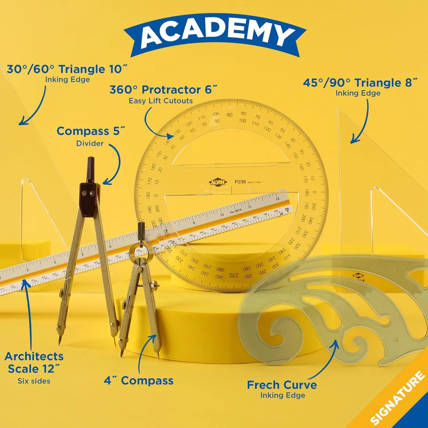 ALVIN Academy Drafting, Drawing and Design Signature Kit | 17 Pieces | Class Tools for Geometry, Architecture and Engineering Students | - Model DDKS3