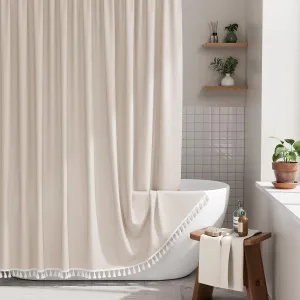 AmazerBath Boho Shower Curtains for Bathroom, Beige Shower Curtain with Tassels, Modern Farmhouse Shower Curtain Set with Hooks, Neutral Shower Curtain Faux Linen, Water Repellent, 72x72 Inches