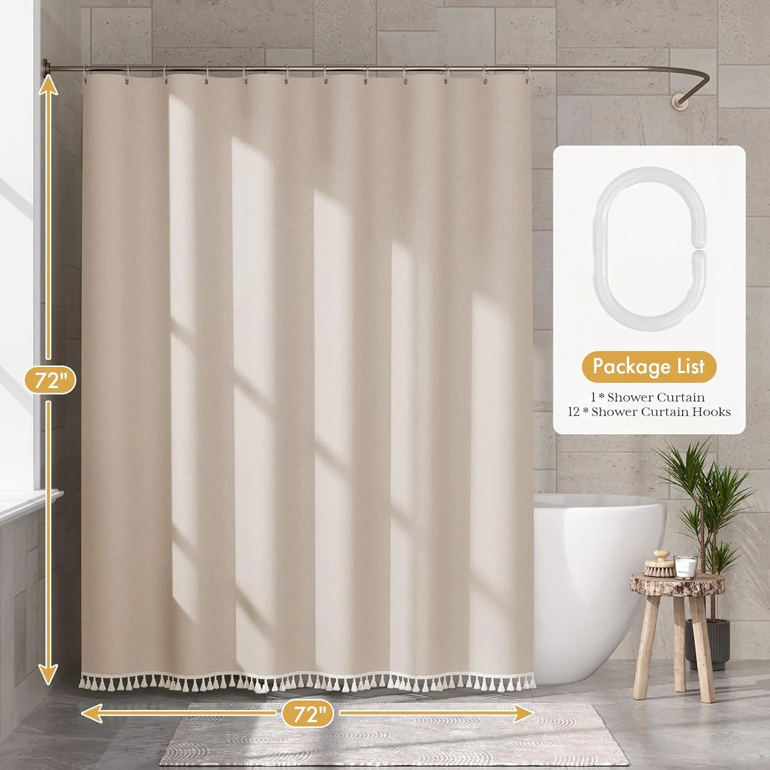 AmazerBath Boho Shower Curtains for Bathroom, Beige Shower Curtain with Tassels, Modern Farmhouse Shower Curtain Set with Hooks, Neutral Shower Curtain Faux Linen, Water Repellent, 72x72 Inches