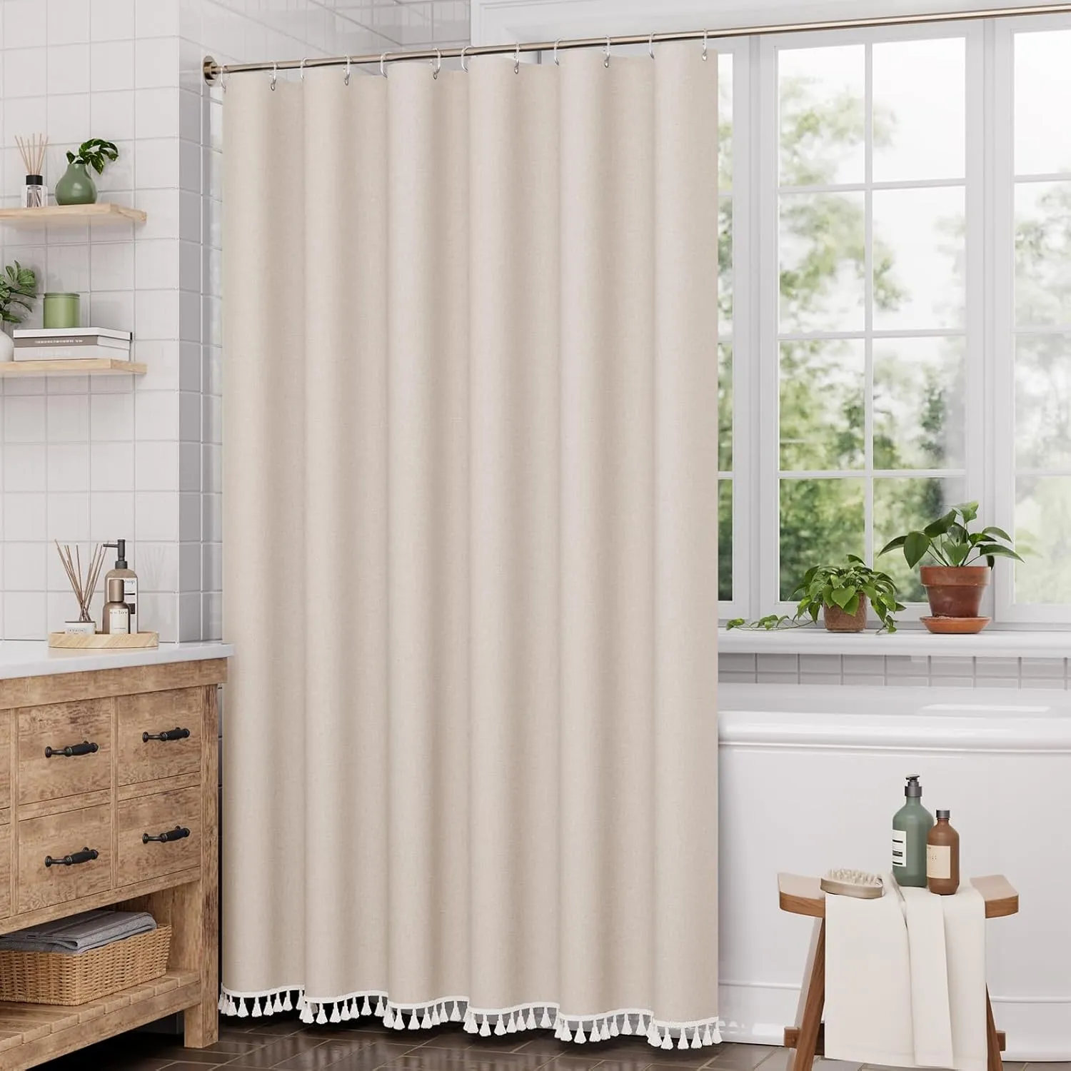 AmazerBath Boho Shower Curtains for Bathroom, Beige Shower Curtain with Tassels, Modern Farmhouse Shower Curtain Set with Hooks, Neutral Shower Curtain Faux Linen, Water Repellent, 72x72 Inches