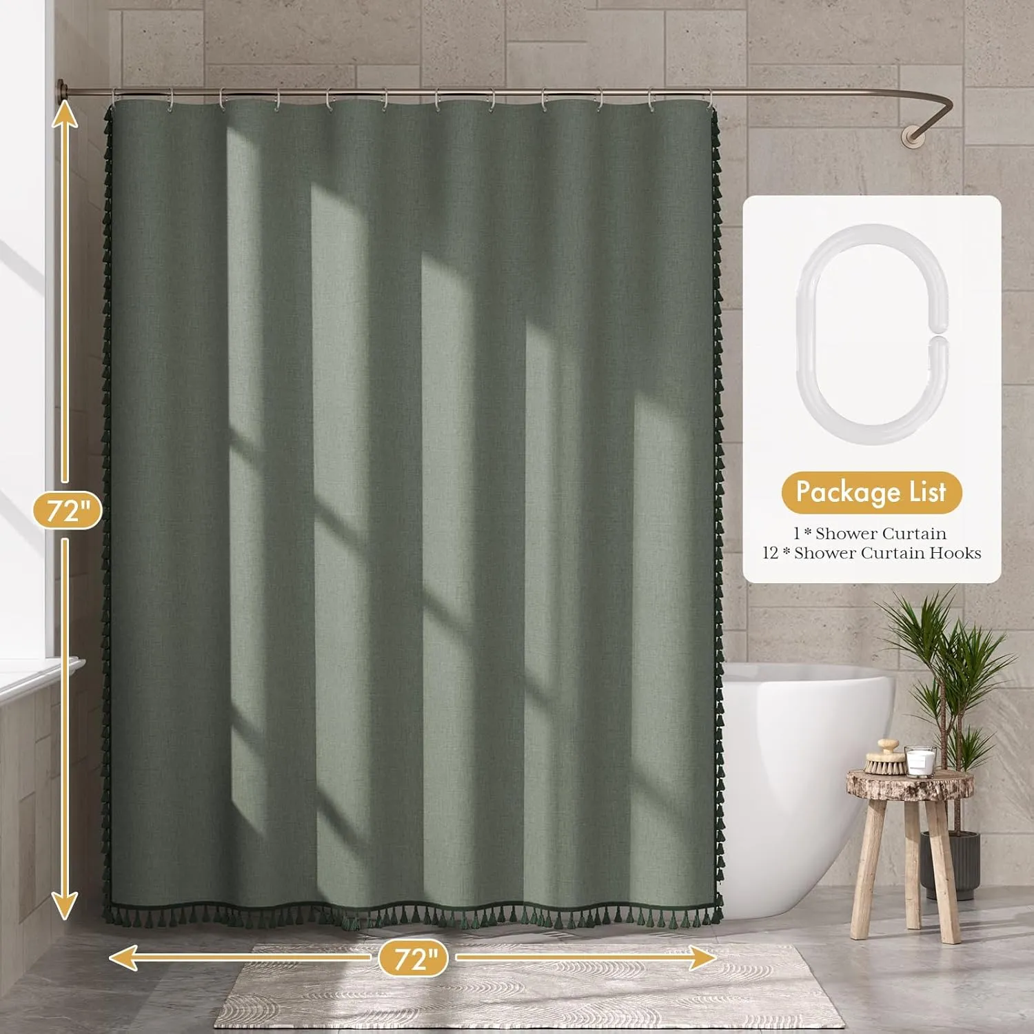 AmazerBath Farmhouse Shower Curtain, Sage Green Linen Shower Curtain with 3 Side Green Tassel, Boho Shower Curtain Set with 12 Upgraded Hooks for Neutral Country Bathroom, 72x72 Inches