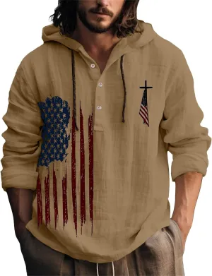 American USA Flag Hoodies for Men Cotton Linen Patriotic Vintage Graphic Hooded Sweatshirts Long Sleeve Button Down Pullover Tops