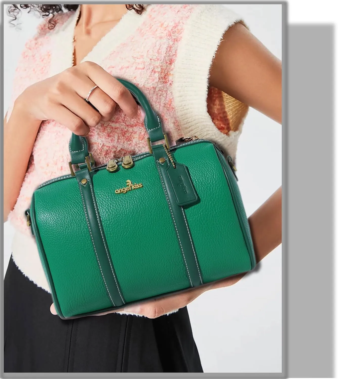 Angel Kiss Women Satchel Purses and Handbags Vegan Leather Boston Barrel Bag Top Handle Shoulder Purse with Crossbody Strap