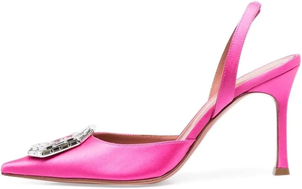 Arqa Women's Satin Slingback Pumps Pointed Toe Crystal-Embellished High Heels Dressy Stilettos Wedding Heeled Sandals