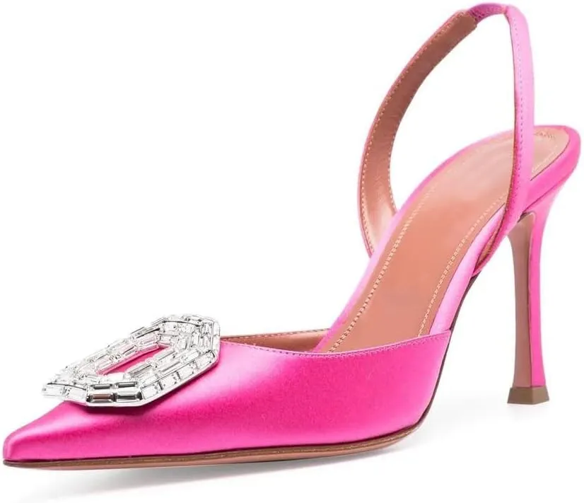 Arqa Women's Satin Slingback Pumps Pointed Toe Crystal-Embellished High Heels Dressy Stilettos Wedding Heeled Sandals