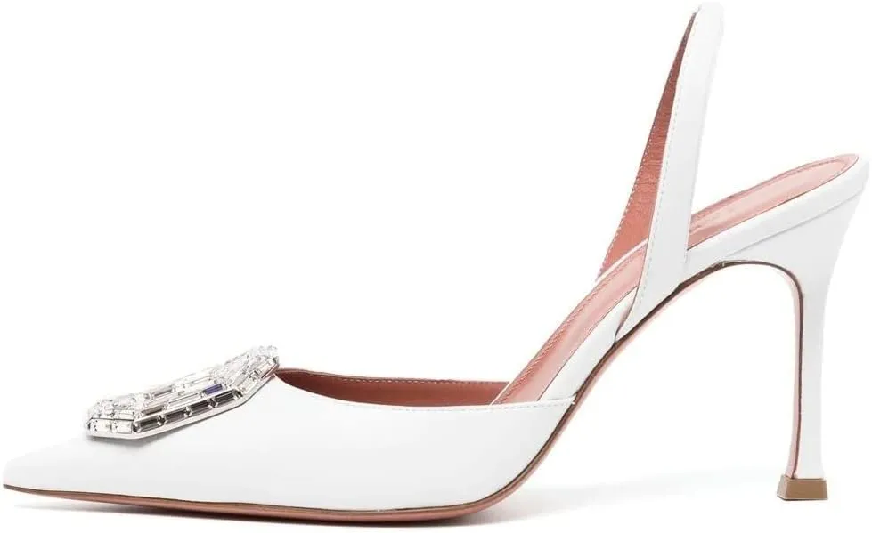 Arqa Women's Satin Slingback Pumps Pointed Toe Crystal-Embellished High Heels Dressy Stilettos Wedding Heeled Sandals