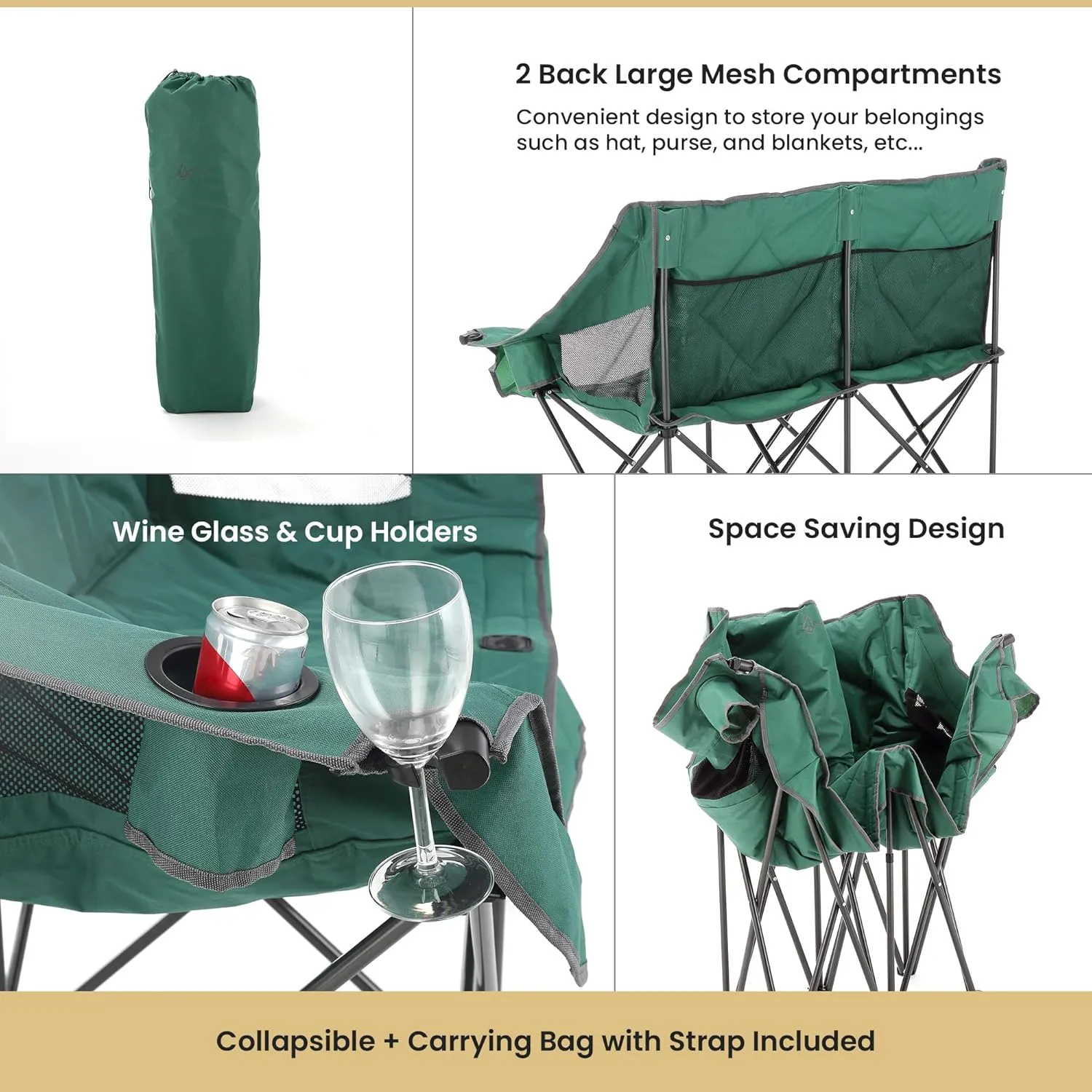 ARROWHEAD OUTDOOR Portable Folding Double Duo Camping Chair Loveseat w/ 2 Cup & Wine Glass Holder, Heavy-Duty Carrying Bag, Padded Seats & Armrests, Supports up to 500lbs, USA-Based Support