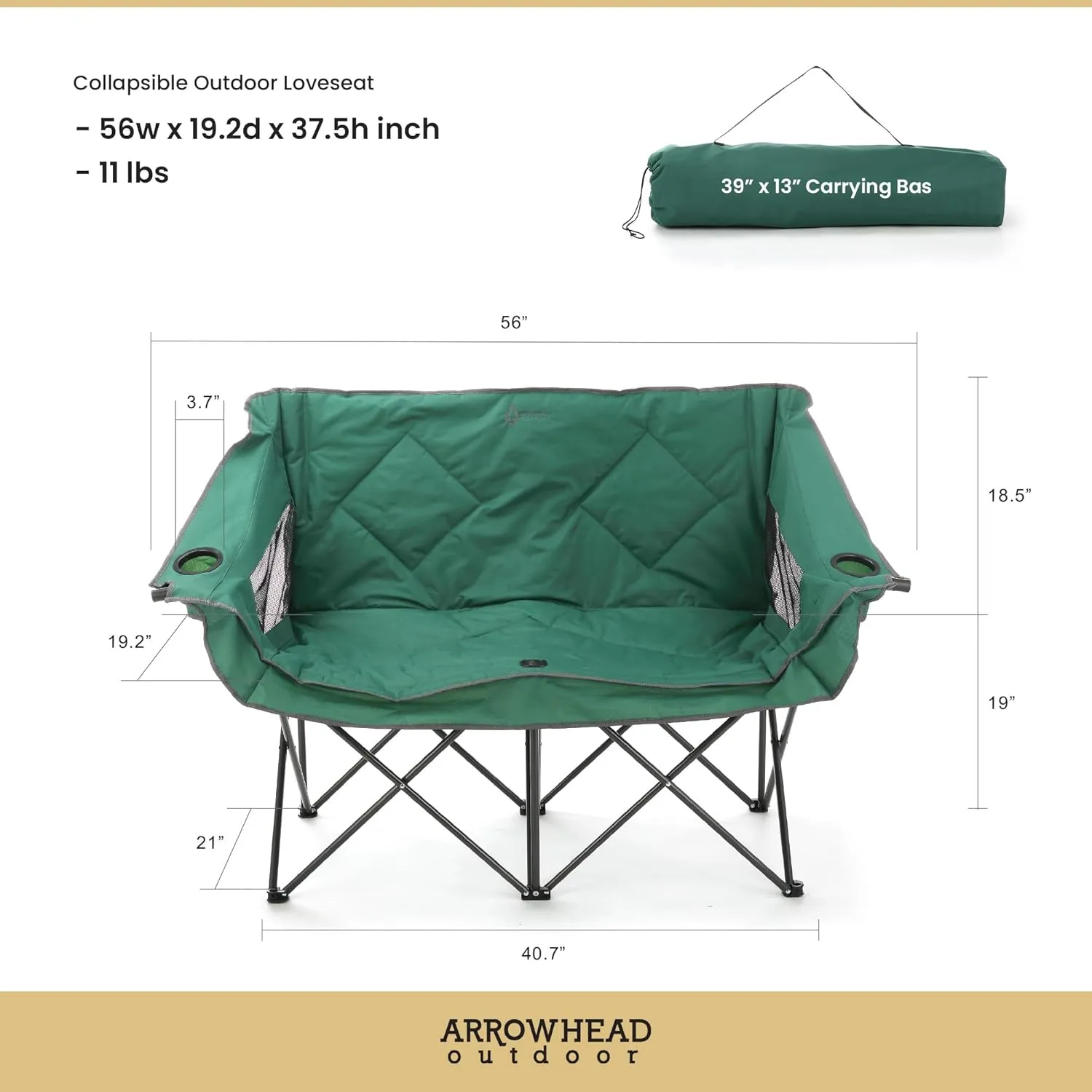 ARROWHEAD OUTDOOR Portable Folding Double Duo Camping Chair Loveseat w/ 2 Cup & Wine Glass Holder, Heavy-Duty Carrying Bag, Padded Seats & Armrests, Supports up to 500lbs, USA-Based Support