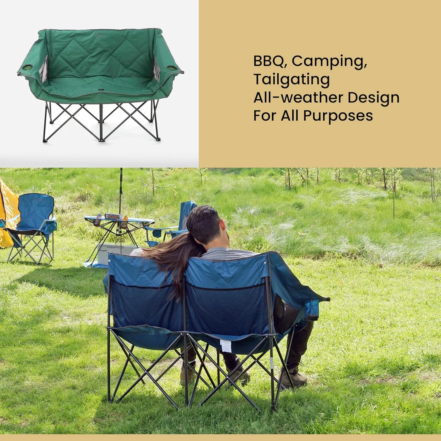 ARROWHEAD OUTDOOR Portable Folding Double Duo Camping Chair Loveseat w/ 2 Cup & Wine Glass Holder, Heavy-Duty Carrying Bag, Padded Seats & Armrests, Supports up to 500lbs, USA-Based Support