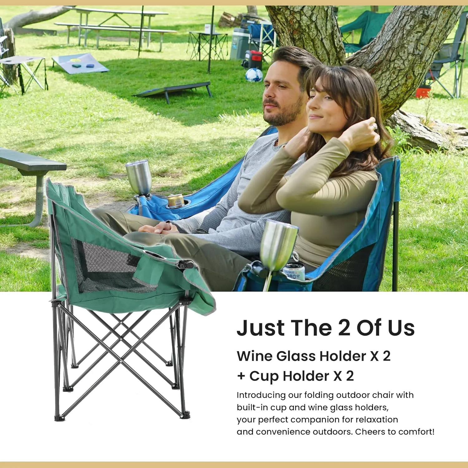 ARROWHEAD OUTDOOR Portable Folding Double Duo Camping Chair Loveseat w/ 2 Cup & Wine Glass Holder, Heavy-Duty Carrying Bag, Padded Seats & Armrests, Supports up to 500lbs, USA-Based Support