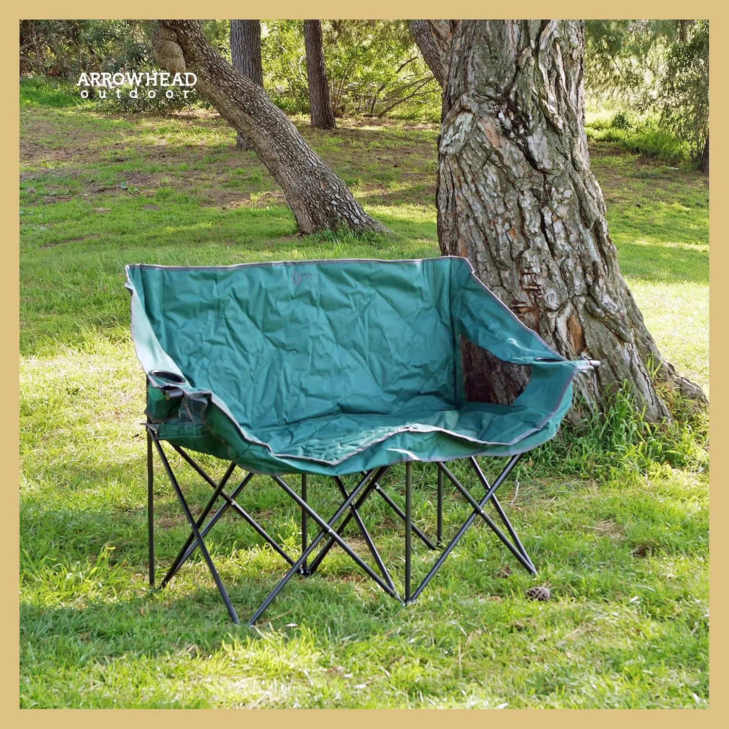 ARROWHEAD OUTDOOR Portable Folding Double Duo Camping Chair Loveseat w/ 2 Cup & Wine Glass Holder, Heavy-Duty Carrying Bag, Padded Seats & Armrests, Supports up to 500lbs, USA-Based Support