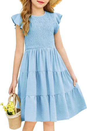 Arshiner Girls Dress Summer Ruffle Sleeve Smocked Tiered Casual Party Sundress with Pockets