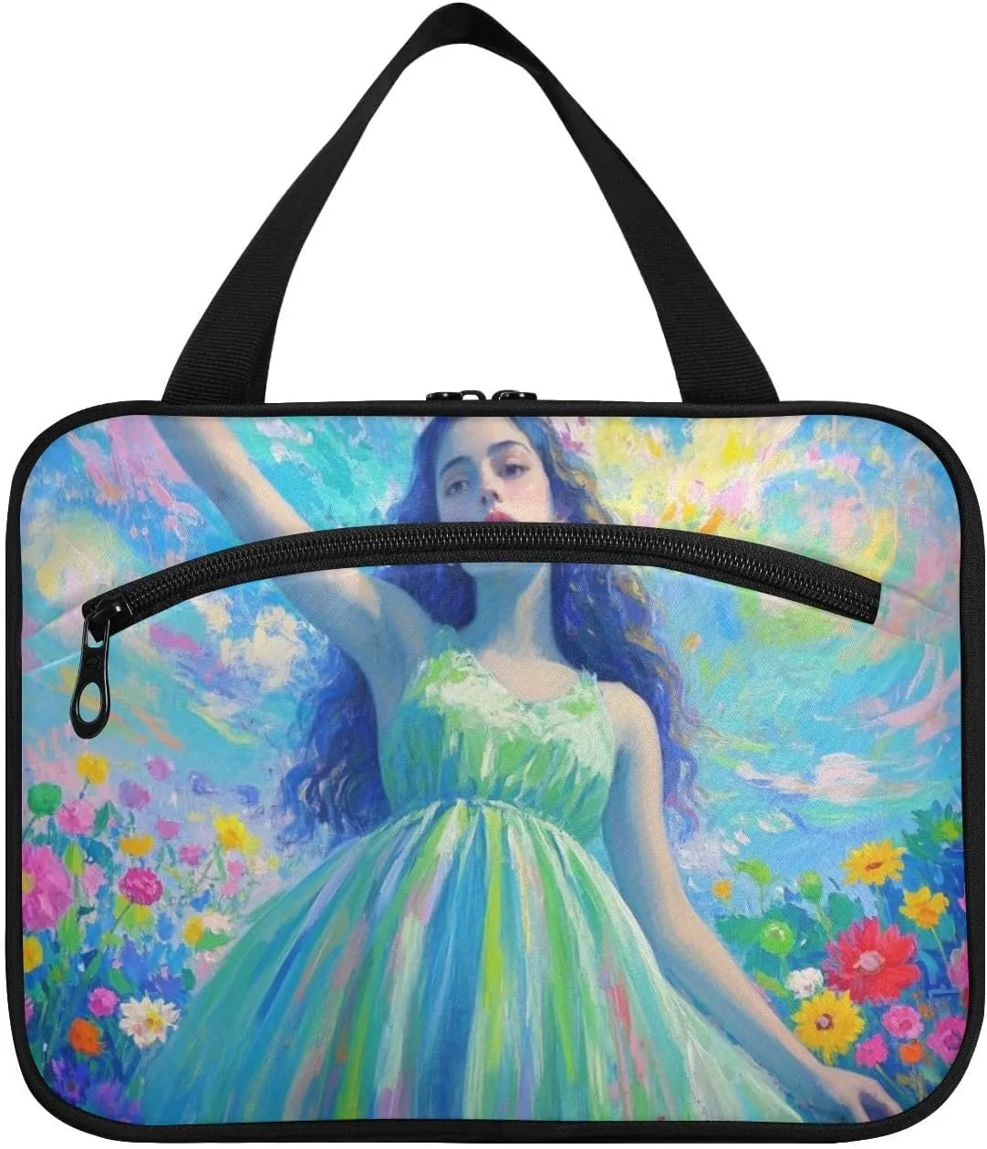Art Oil Painting Flower Woman hanging travel bags for women with hook, designer foldable makeup bags for women traveling work kit de para mujer L