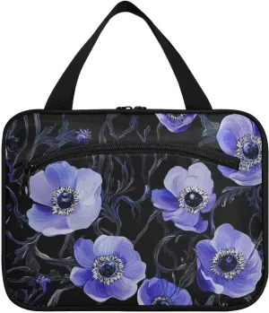 Art Purple Anemone Flower Black hanging makeup bag travel with hook, designer fashion brush bag for men backpacking bolso para maquillaje M