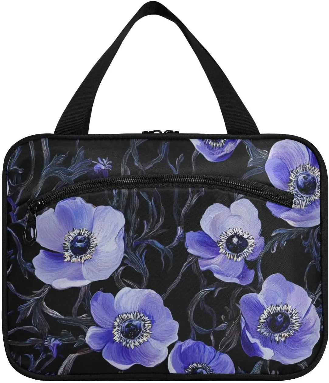 Art Purple Anemone Flower Black hanging makeup bag travel with hook, designer fashion brush bag for men backpacking bolso para maquillaje M
