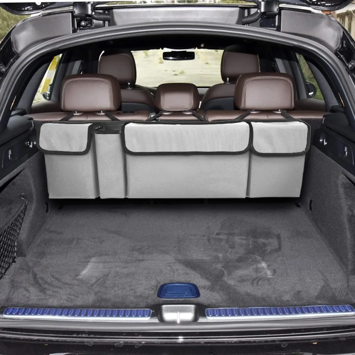 AUCELI Car Trunk Organizer, Backseat Hanging Large Storage with Adjustable Straps, Waterproof Collapsible Cargo Bag with 4 Pockets, Sturdy Space Saver Frees Trunk Floor for SUV, Truck, MPV