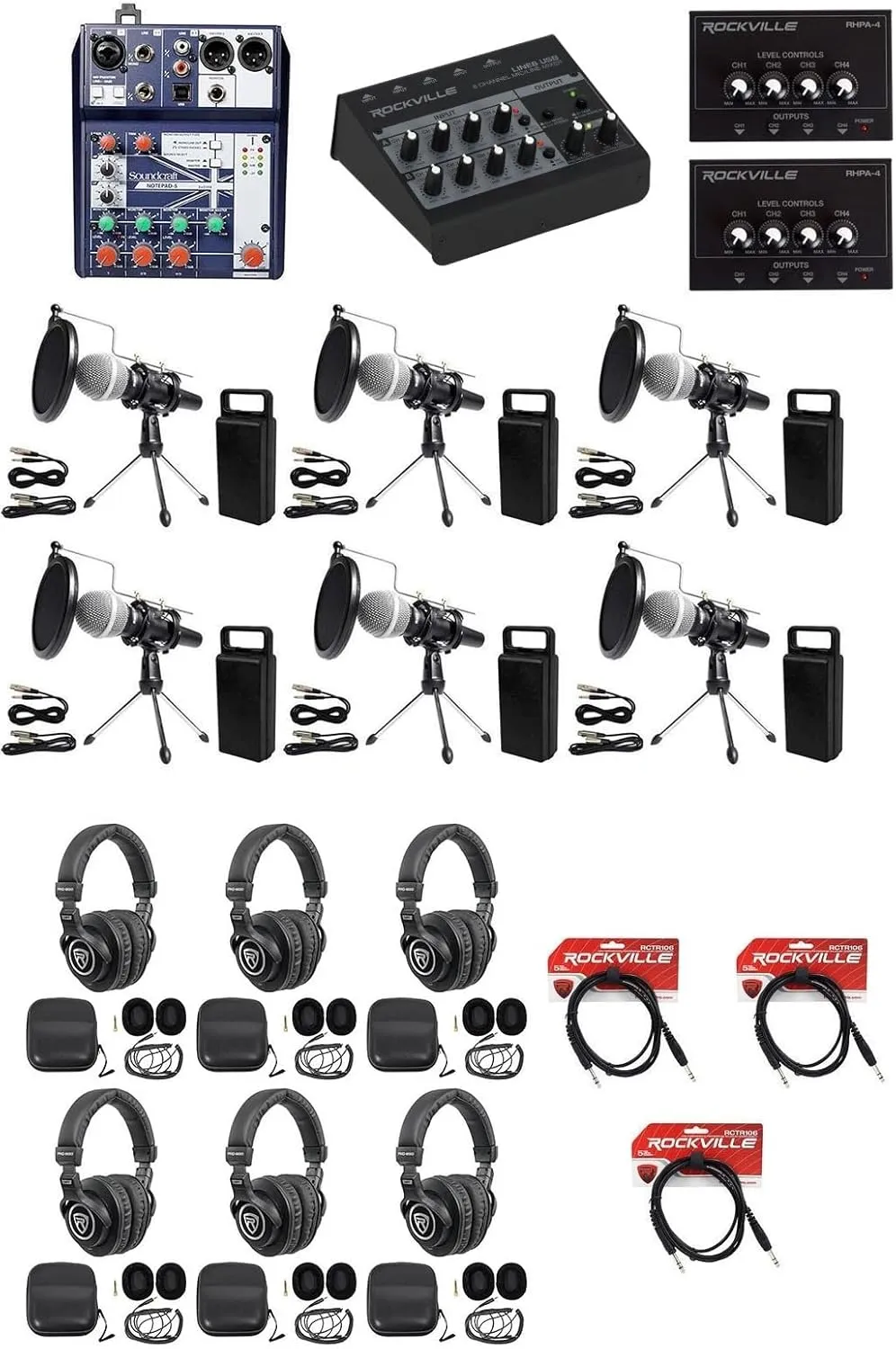 Audiosavings Bundle: Soundcraft Notepad-5 USB Mixer Bundle with (6) PRO-M50 Headphones, (3) RCTR106B Cables, (2) RHPA4 Amps, (6) RMC-XLR Mics, (6) RTMS21 Stands, LINE8 USB Mixer (25 Items)