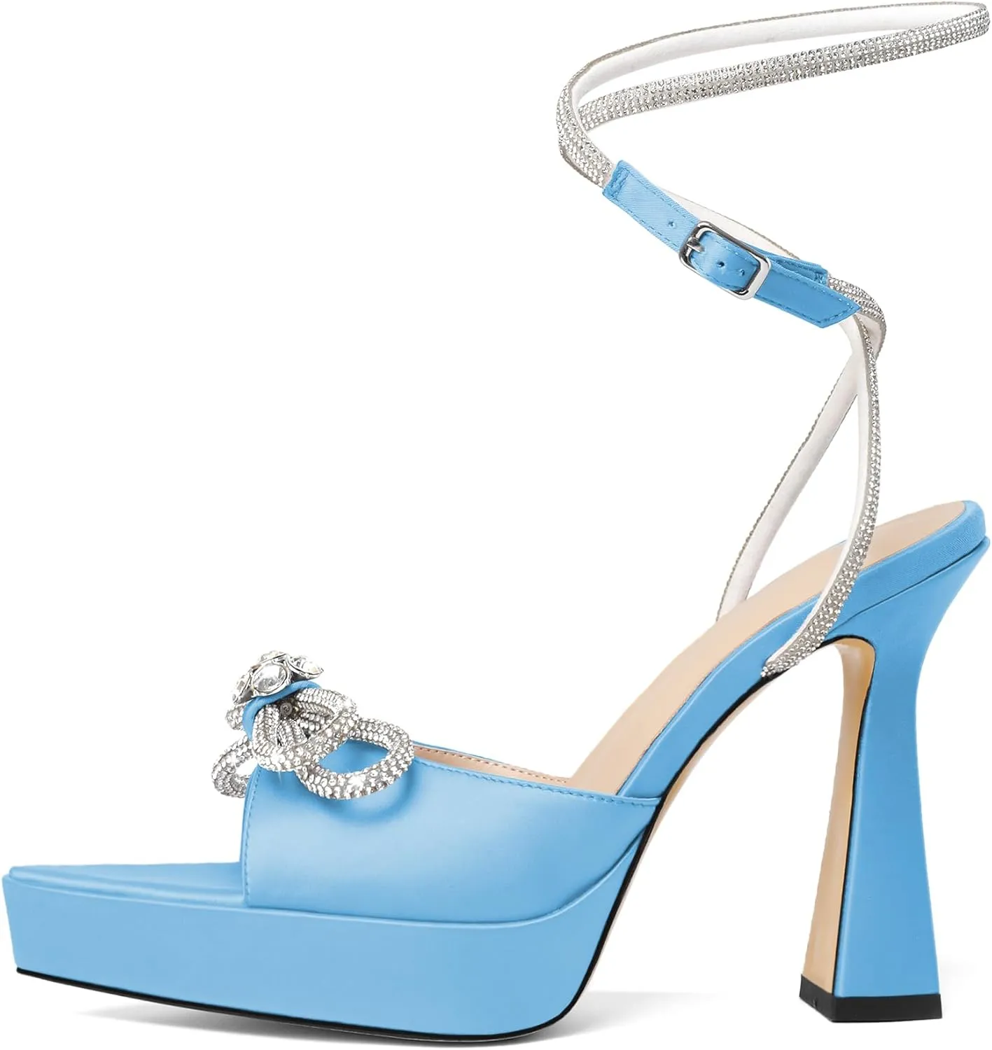 AUMOTED Women Platform Pumps High Heels Rhinestone Double Bows Heels Pointed Toe Satin Block Pumps Ankle Strap Crystals Lace Up Wedding Sandals Shoes 4.7 Inch
