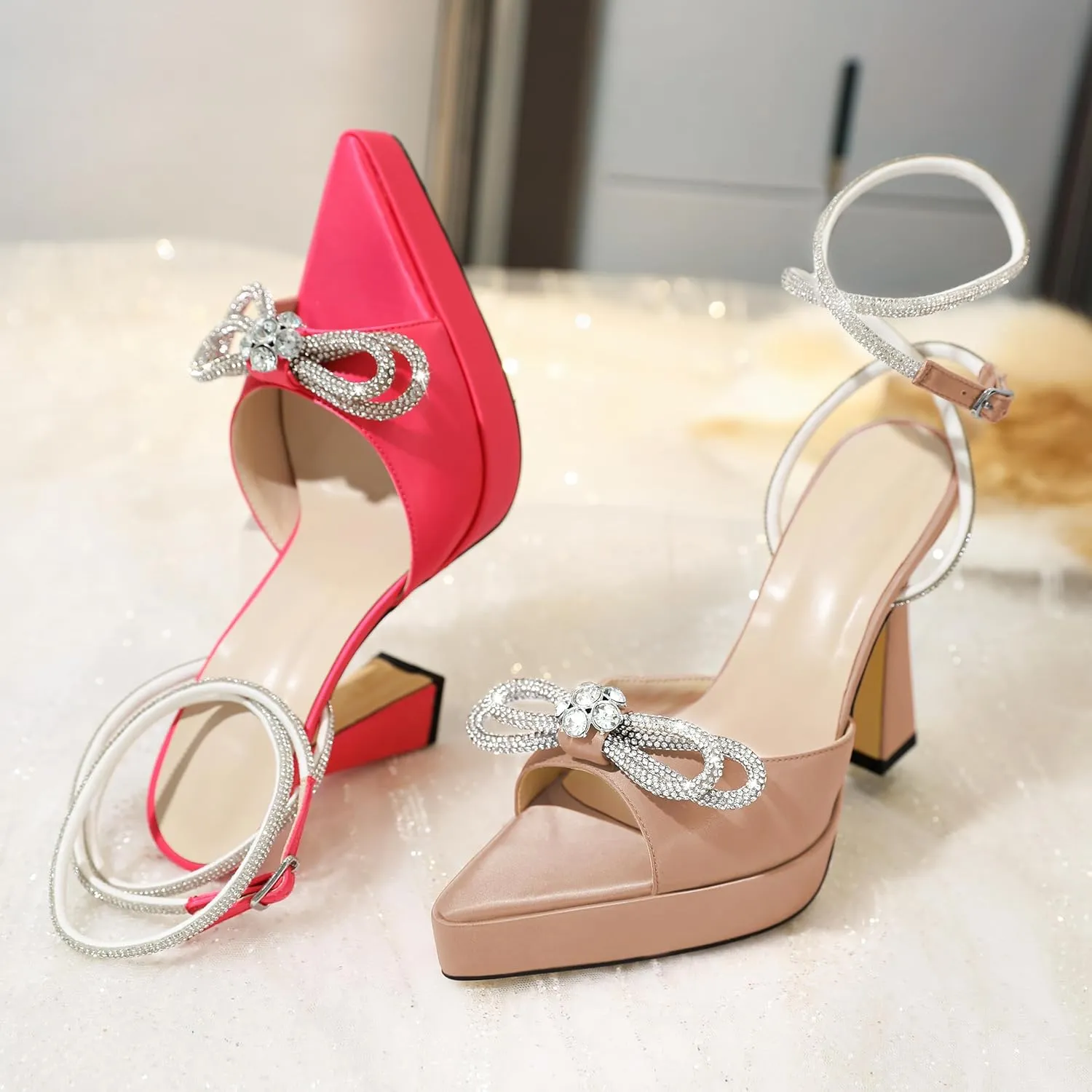 AUMOTED Women Platform Pumps High Heels Rhinestone Double Bows Heels Pointed Toe Satin Block Pumps Ankle Strap Crystals Lace Up Wedding Sandals Shoes 4.7 Inch